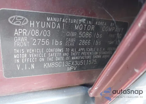 2003 Hyundai Santa Fe Gls/Lx z USA, uszkodzony, nr VIN KM8SC13EX3U511575